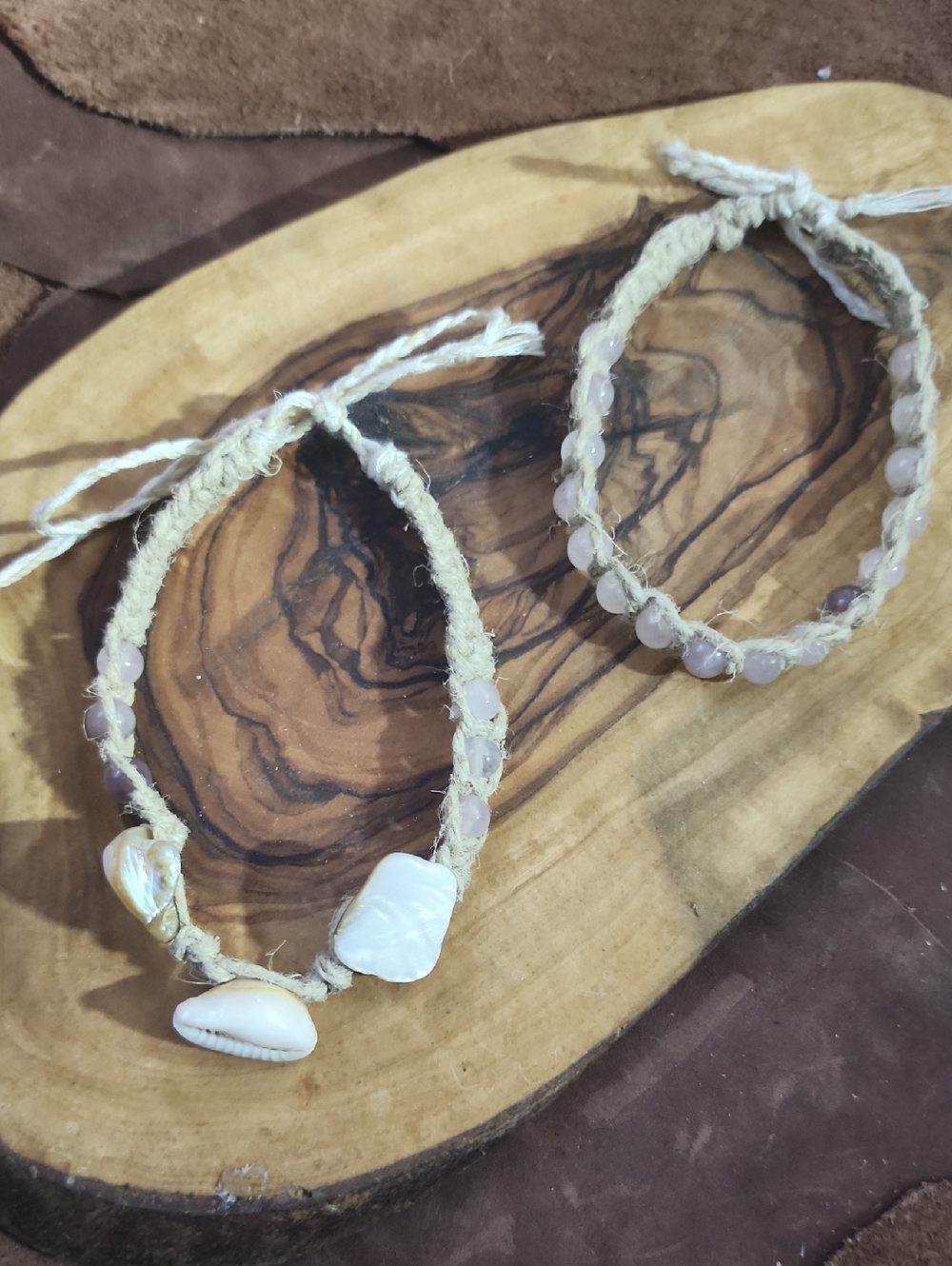 Handmade Shell & Bead Hemp Anklet - Rose Quartz Beads